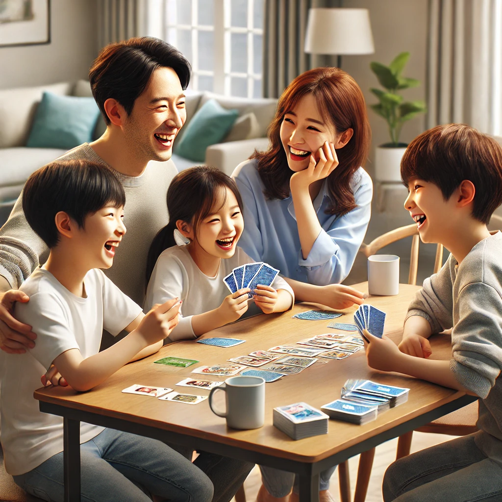 가족이 식탁에서 함께 카드게임을 즐기는 장면. 부모와 두 아이가 웃으며 게임에 몰두하고 있습니다. 방은 밝고 현대적인 가구로 꾸며져 있습니다