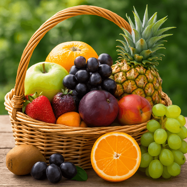 면역에 도움되는 여러 과일이 바구니에 풍성하게 담겨있는 모습