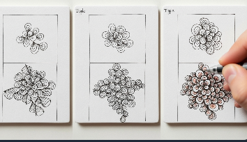 젠탱글 기본 패턴 '팁플'을 그리는 단계별 과정이 담긴 이미지. 단순한 선이 아름다운 무늬로 발전하는 모습을 보여준다.