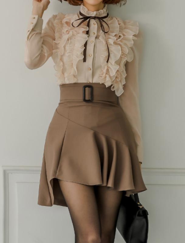 프릴디테일 블라우스 언밸 미니 스커트 코디 세트