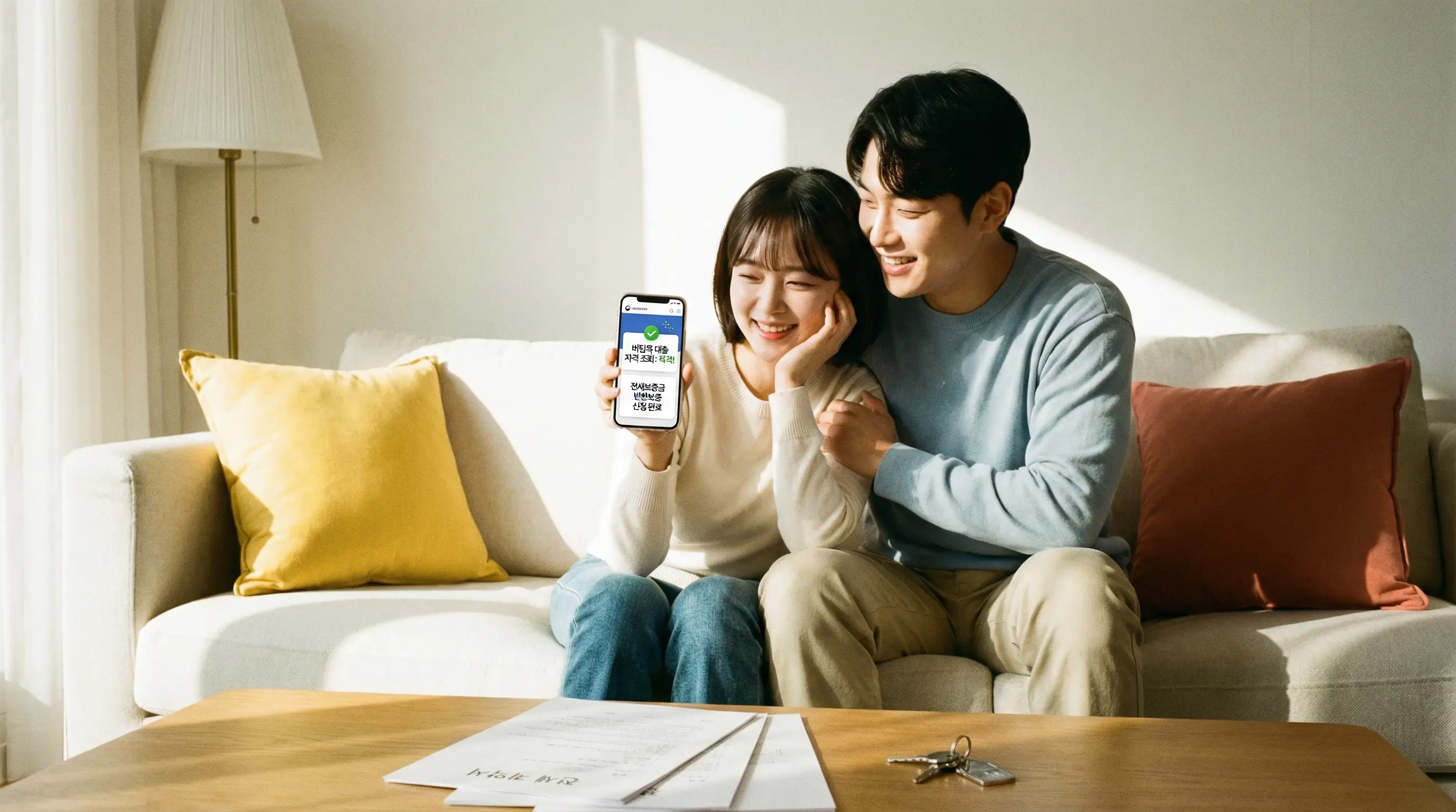 스마트폰으로 간편하게 버팀목 대출 자격을 조회하고 안전하게 전세 계약을 맺는 안도하는 모습
