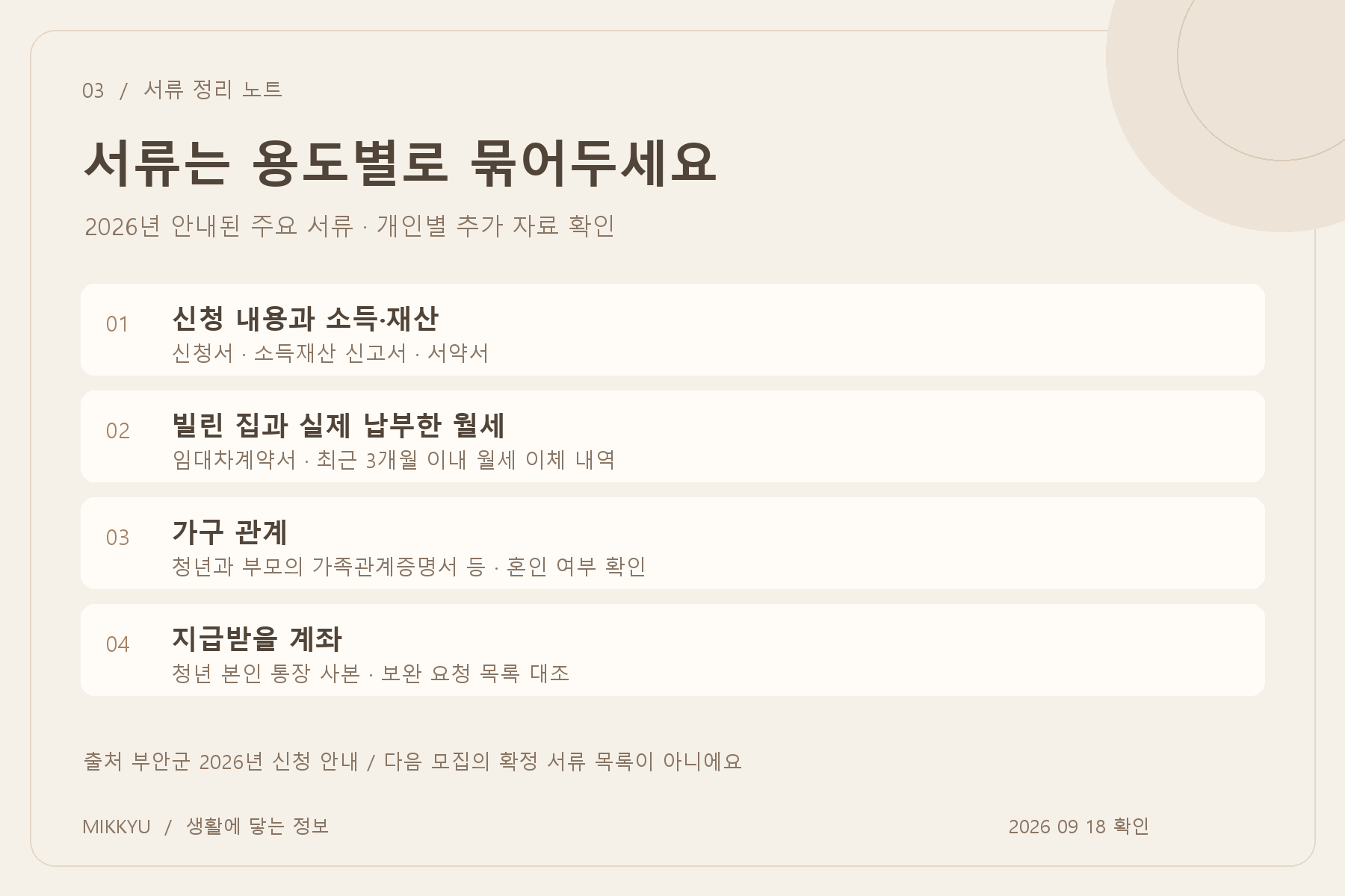임대차계약서와 월세 이체 내역과 가구 관계와 계좌 자료 체크 카드