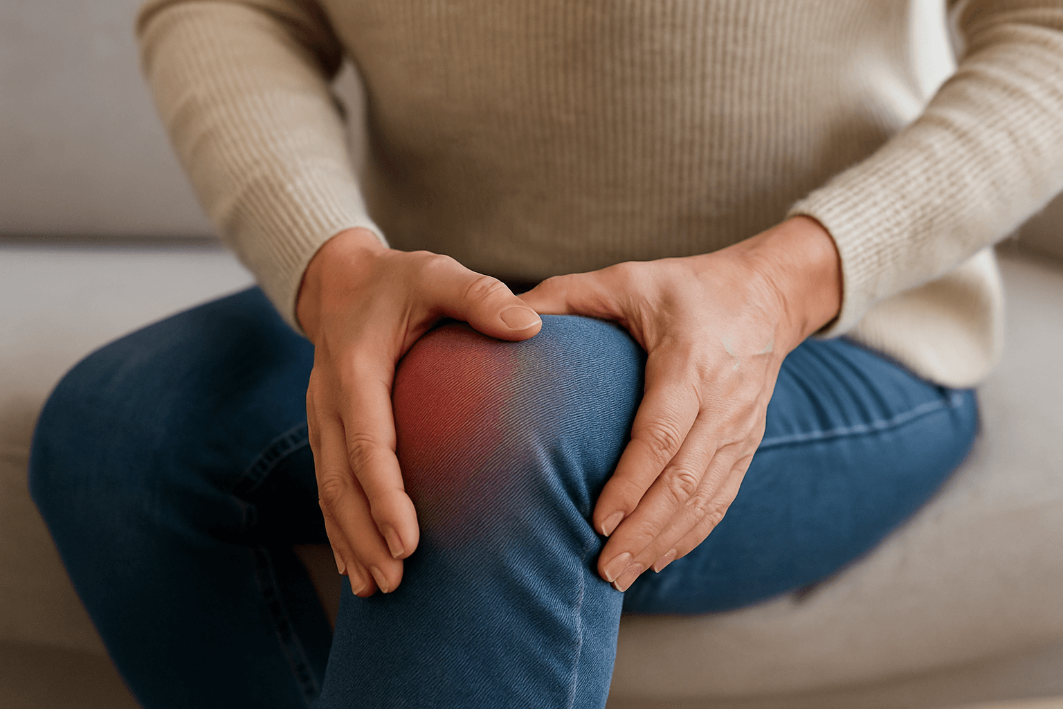 무릎 통증을 느끼는 중년 여성이 양손으로 무릎을 감싸고 있는 모습
