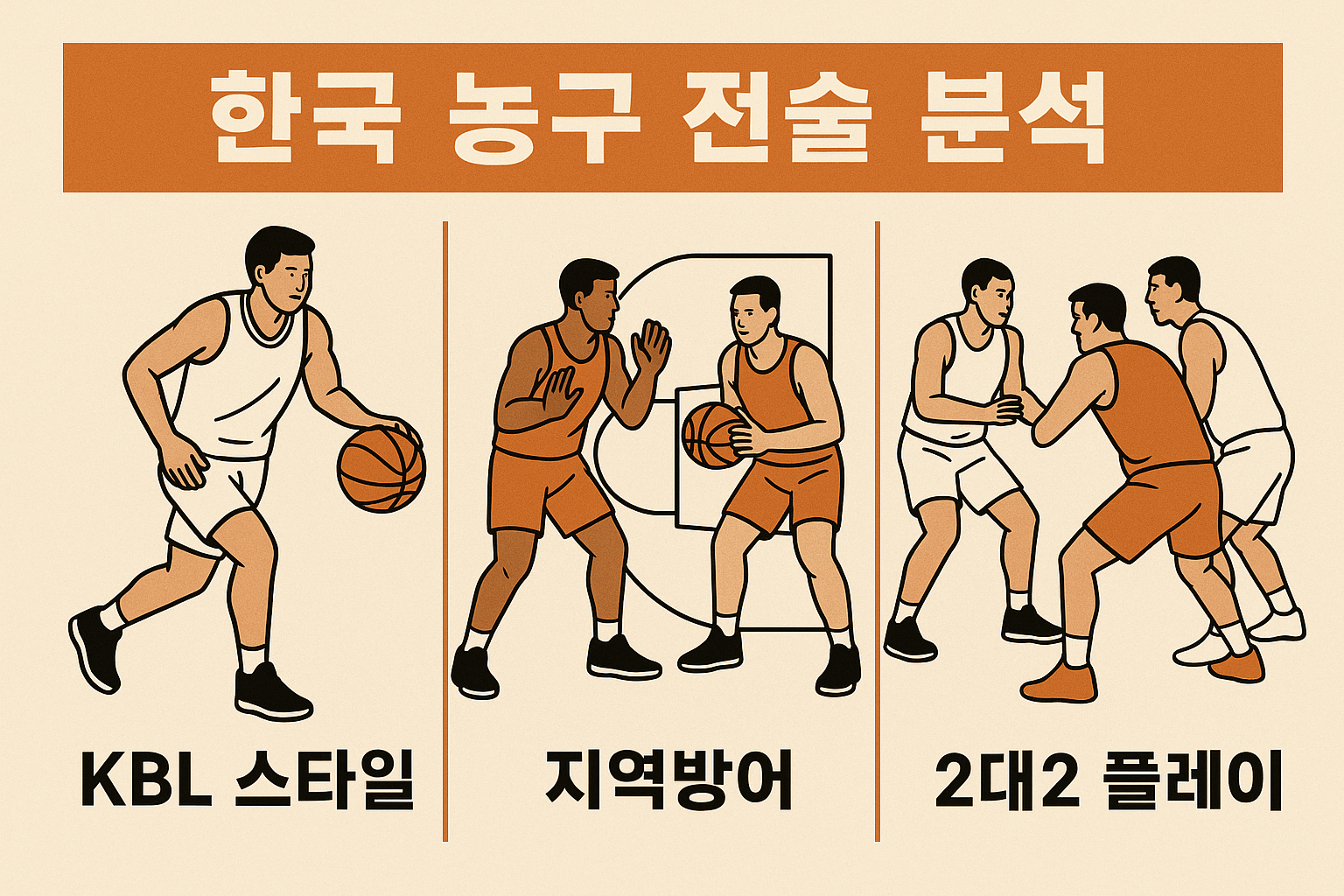 한국 농구 전술 분석 이미지: KBL 스타일, 지역방어, 2대2 플레이 장면을 시각화한 일러스트