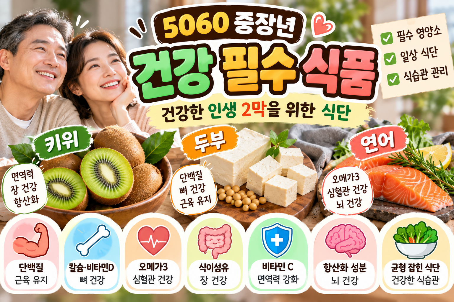 50~60대 중장년 건강식품을 주제로 필수 영양소, 일상 식단, 식습관 관리의 중요성을 소개하는 건강정보 썸네일 이미지. 웃고 있는 중장년 부부와 함께 키위, 두부, 연어가 배치되어 있으며, 단백질, 칼슘, 비타민 D, 오메가3, 식이섬유, 비타민 C, 항산화 성분 등 주요 영양소를 나타내는 아이콘이 표현되어 있다. 균형 잡힌 식단을 통한 근육과 뼈 건강, 심혈관 건강, 뇌 건강 및 건강한 식습관 관리의 중요성을 시각적으로 보여준다.