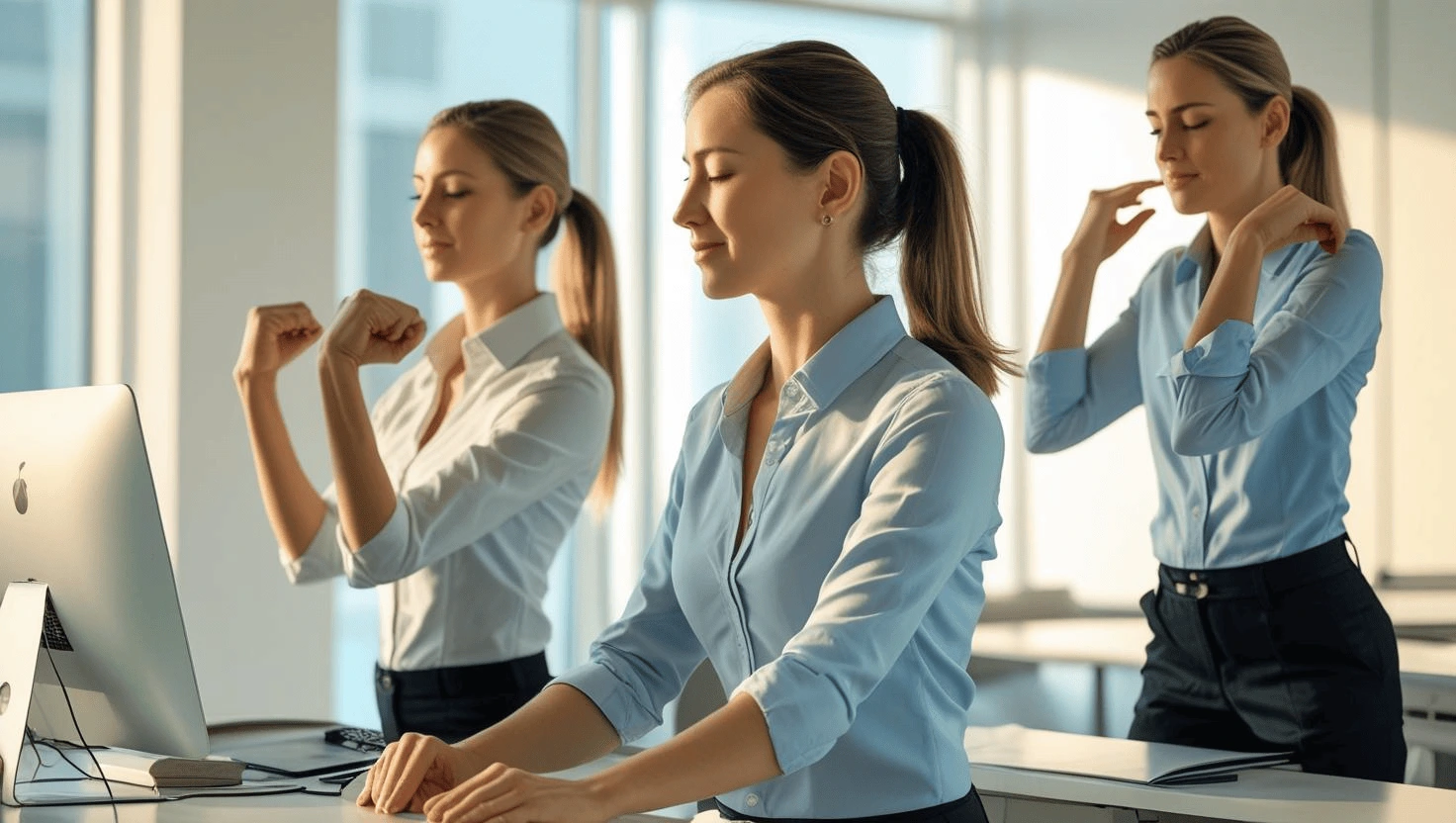 사무실에서 5분 스트레스 해소 루틴을 실천하는 직장인