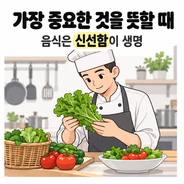 가장 중요한 것을 뜻할 때 문구 아래 요리사가 채소와 토마토가 놓인 조리대에서 잎채소를 살펴보는 모습