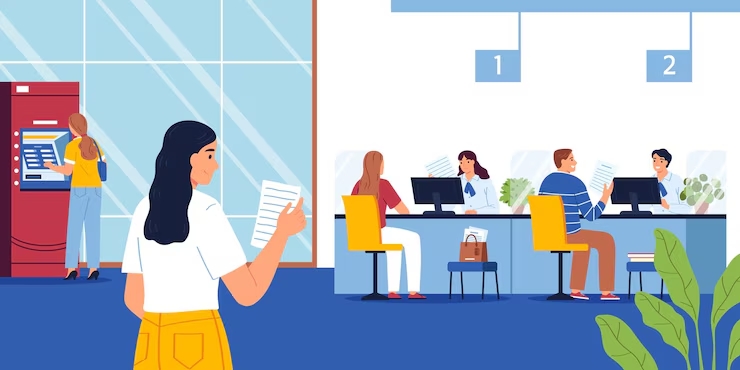 은행 업무 보는 사람들의 일러스트