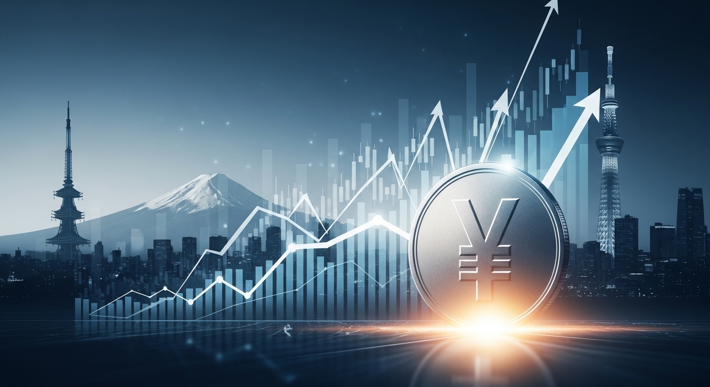 2026년 엔화 환율 전망과 일본 환테크, 여행 기회를 상징하는 엔화 동전과 상승하는 그래프, 일본 풍경 이미지