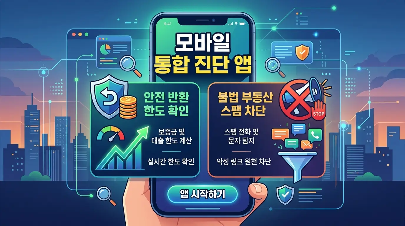 모바일 통합 진단 앱 안전 반환 한도 확인 및 불법 부동산 스팸 차단을 나타내는 이미지