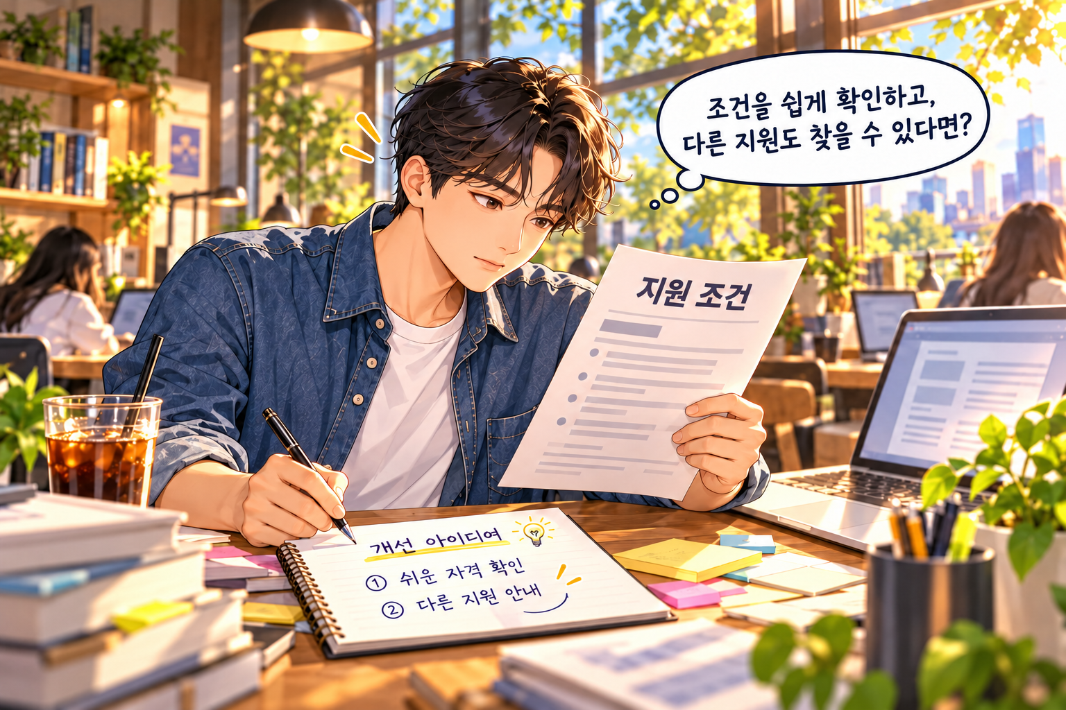 청년 남녀가 정책 개선 아이디어를 정리하는 모습과 2026 청년정책 공모전의 참여 연령 19~34세, 10월 30일 마감을 안내하는 웹툰 이미지