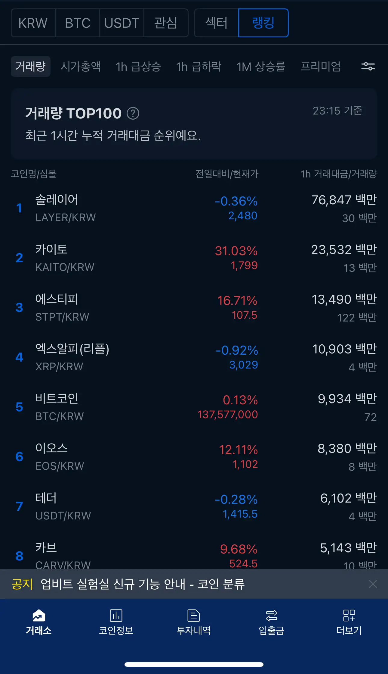 업비트 랭킹 분류