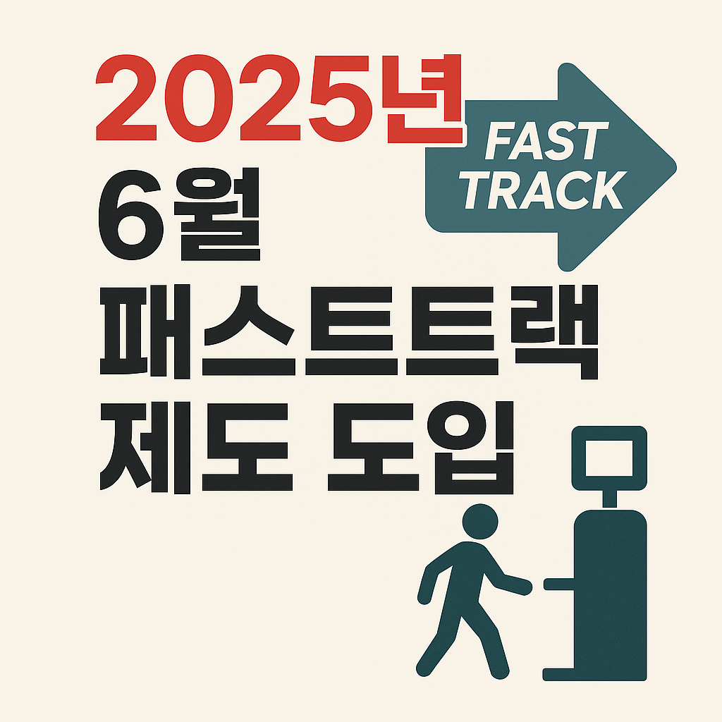 2025년 6월 일본 패스트트랙 제도 도입을 안내하는 한글 정보 이미지. 빨간색 연도와 FAST TRACK 아이콘, 입국 심사 일러스트 포함"