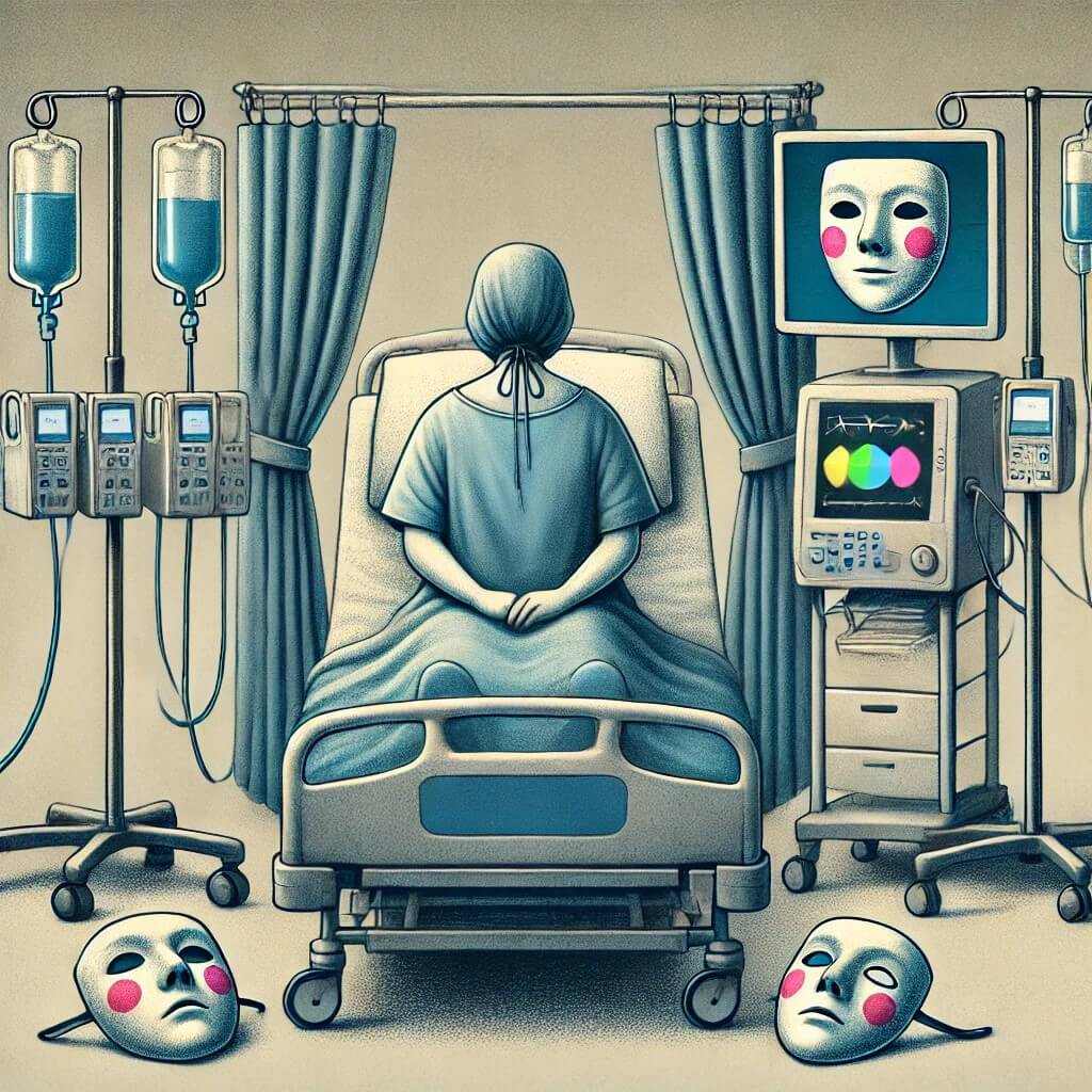 속임수와 숨겨진 동기를 상징하는 연극용 가면 이미지를 통해 보여주는 뮌하우젠 증후군