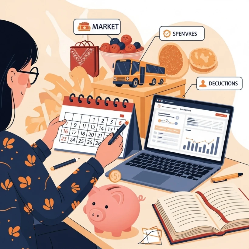 연말정산 카드 소득공제를 위해 지출을 계획하고 있는 사람과 다양한 절세 항목을 나타내는 일러스트.