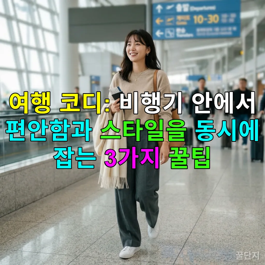 편안하면서도 스타일리시한 기내 패션을 선보이는 한국 여성 여행객이 공항을 걷는 모습