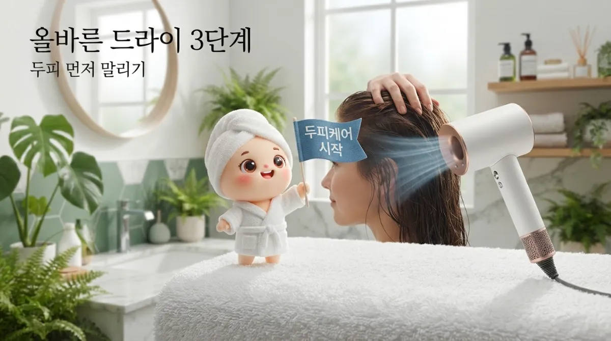 드라이기의 시원한 냉풍을 두피 모근부터 뿌려 건강하게 말리는 올바른 3단계 관리법을 보여주는 미니어처 캐릭터 감성 이미지