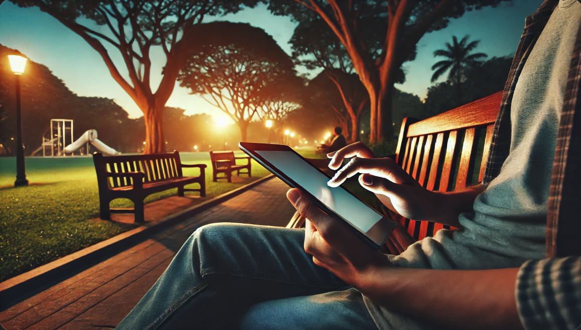 공원 벤치에 앉아 태블릿으로 소셜 미디어를 검색하는 사람