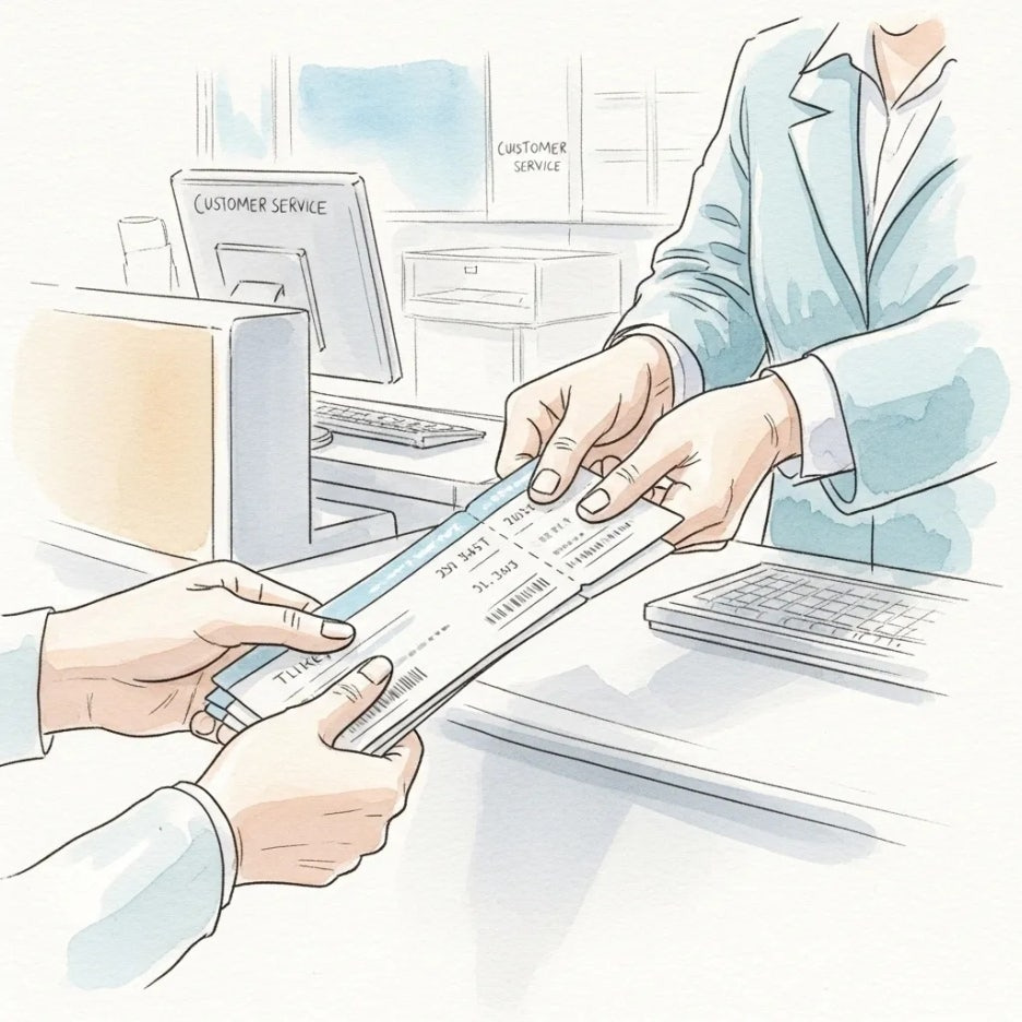 항공권과 함께 고객 센터를 안내하는 손