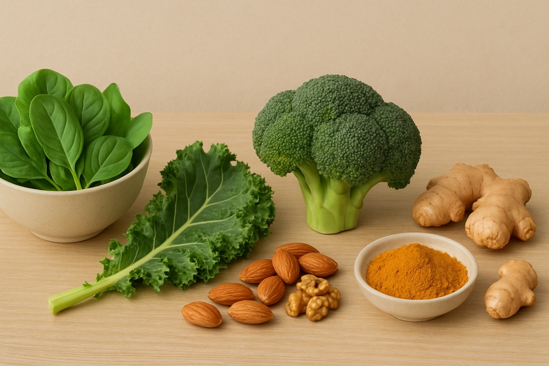 시금치, 케일, 브로콜리, 아몬드, 호두, 강황과 생강 이미지