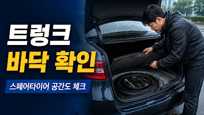 침수차 확인을 위해 트렁크 바닥판 아래와 공구함&middot;흡음재&middot;누수 흔적을 점검하는 이미지