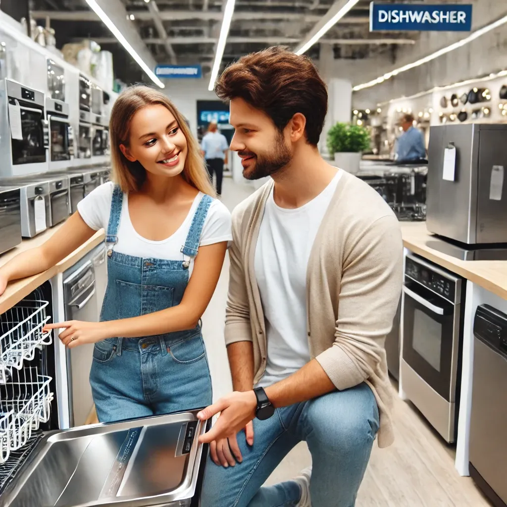 신혼부부가 가전 매장에서 식기세척기를 고르는 모습