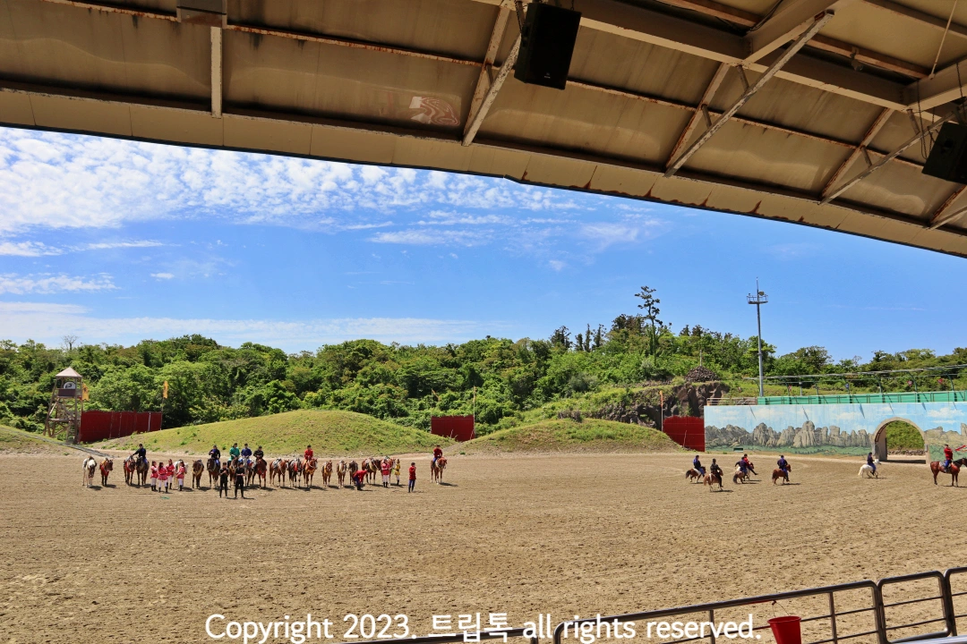 넓은 운동장같은 공연장에서 일렬로 20여마리의 말이 서있고 오른쪽에서 성벽을 향해 달리는 말들