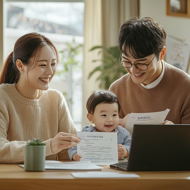 온라인으로 부모급여를 신청하는 노트북 화면 클로즈업