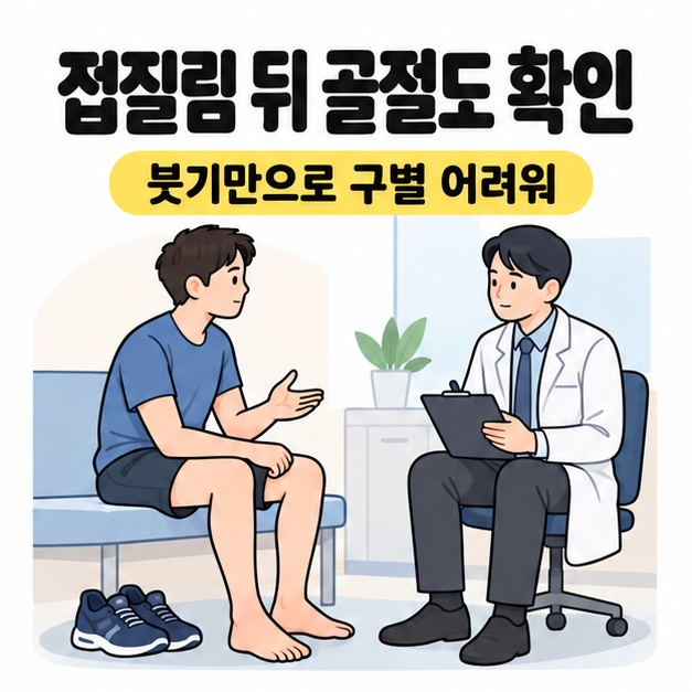접질린 뒤 염좌와 골절을 붓기만으로 구별하기 어렵다는 안내와 함께 의사에게 부상 경위를 설명하는 남성을 그린 그림