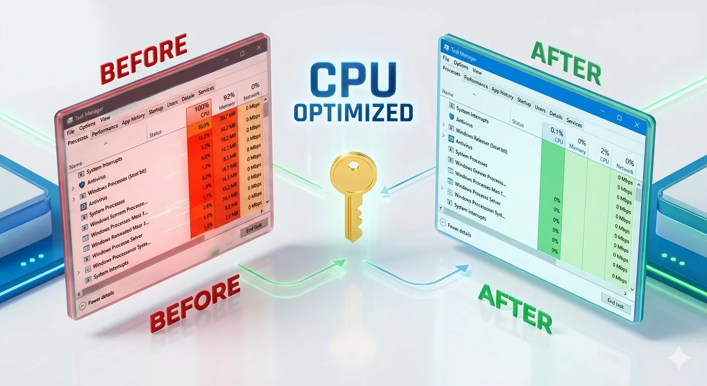 시스템 인터럽트 해결 전과 후의 CPU 점유율 변화를 극적으로 대비시킨 3D 인포그래픽