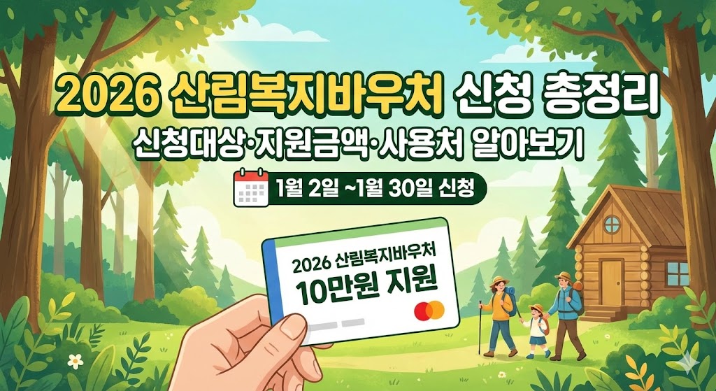 2026년 산림복지바우처 10만원 지원 신청 총정리 썸네일. 숲속 등산 가족 일러스트와 1월 2일~30일 신청 기간 안내 문구가 포함된 이미지.