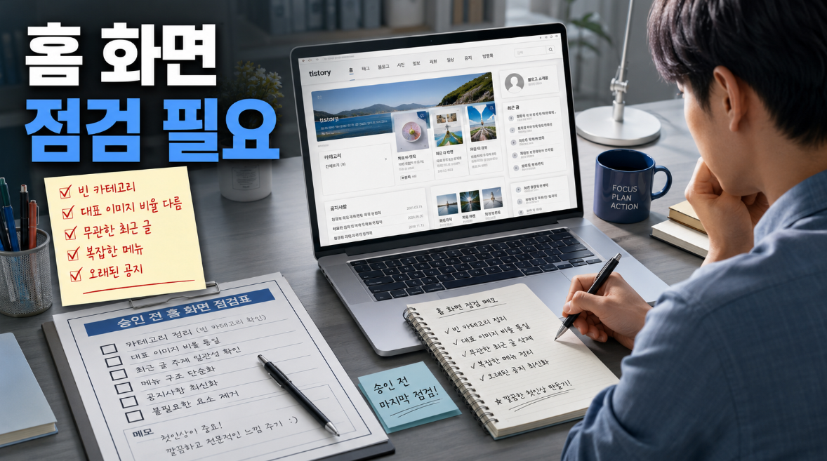 티스토리 블로그 홈 화면에서 빈 카테고리와 무관한 글 목록 문제를 점검하는 블로거 이미지