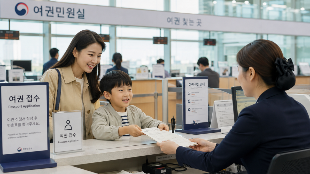 미성년자 여권 발급을 위해 부모와 아이가 여권 민원실에서 신청하는 모습