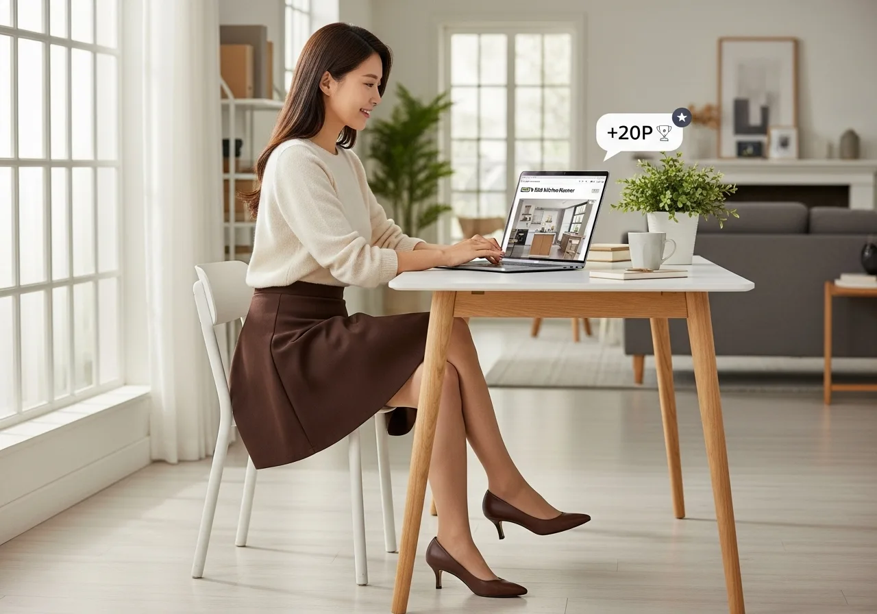 젊은 한국인 여성이 노트북으로 이케아 키친 플래너를 사용하며 화면에 나타난 '+20P' 포인트 적립 알림을 보고 만족스러운 미소를 짓고 있다