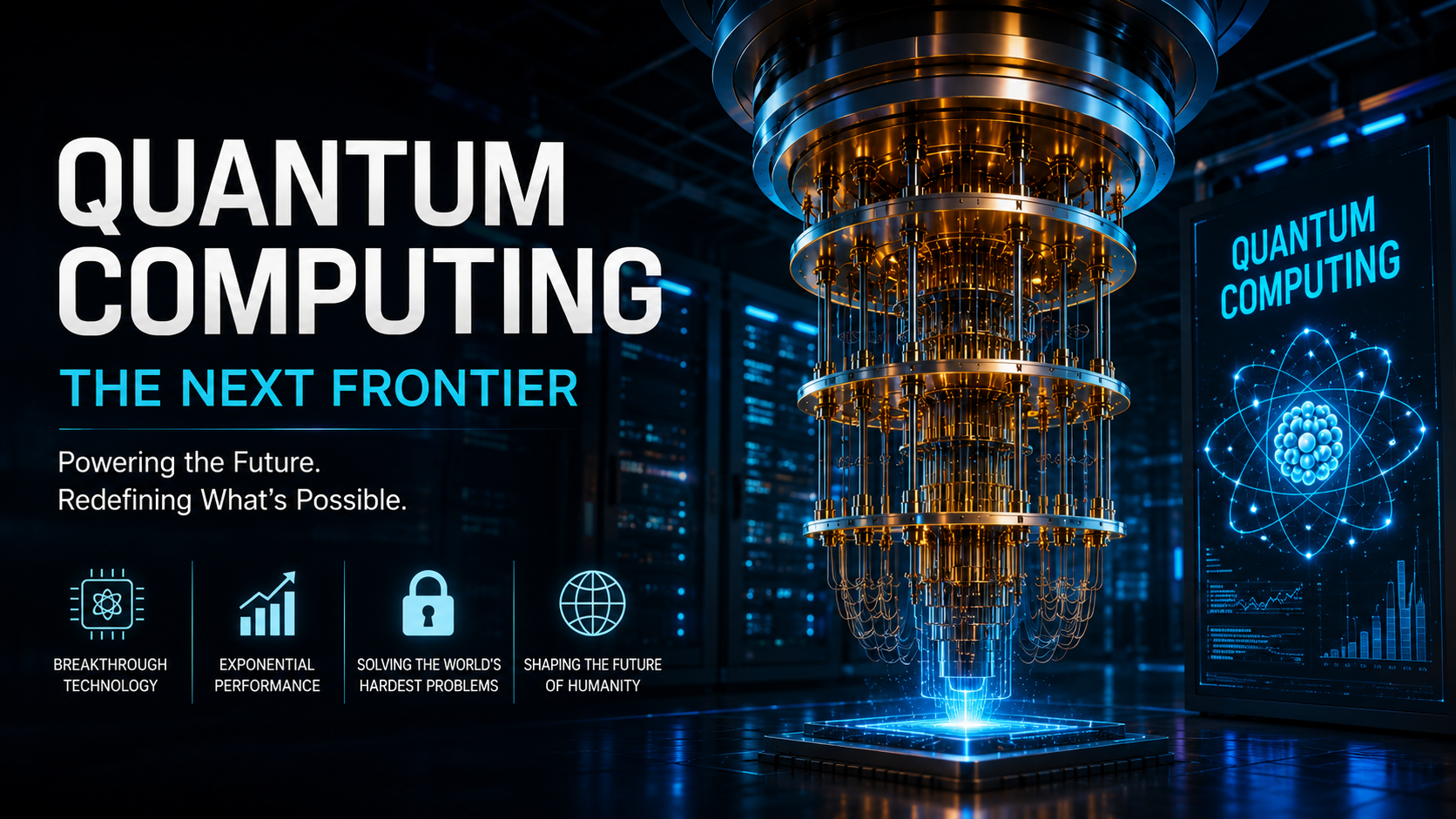 Futuristic quantum computer inside a high-tech laboratory with glowing blue and gold lighting
