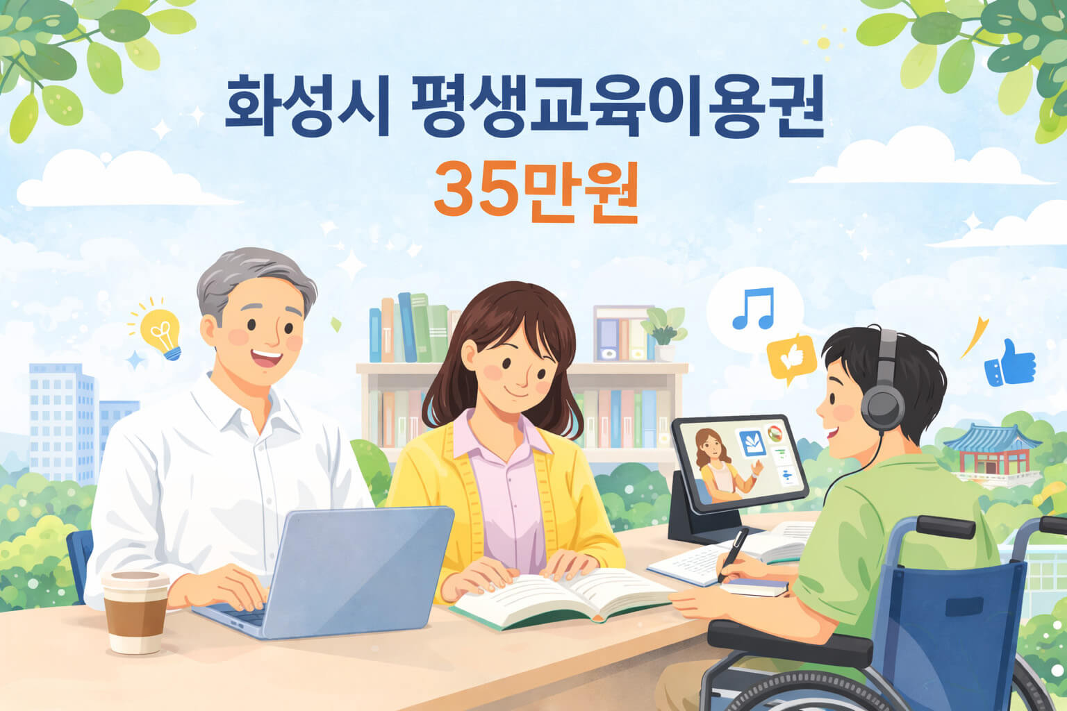 화성시 평생교육이용권 35만원 일러스트 성인 학습자와 장애인 학습자가 각자 공부하는 평생교육 지원 이미지