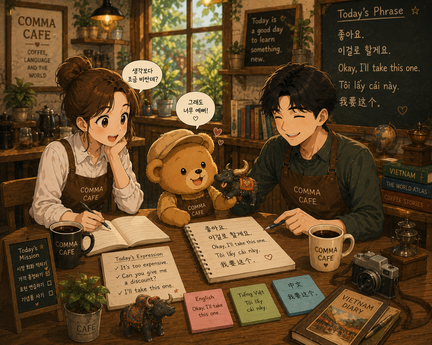 COMMA CAFE 테이블 위에 작은 코끼리 기념품이 놓여 있고, 쉼표와 푸름, 은돌이가 함께 오늘의 표현을 연습하며 웃는 따뜻한 웹툰풍 장면