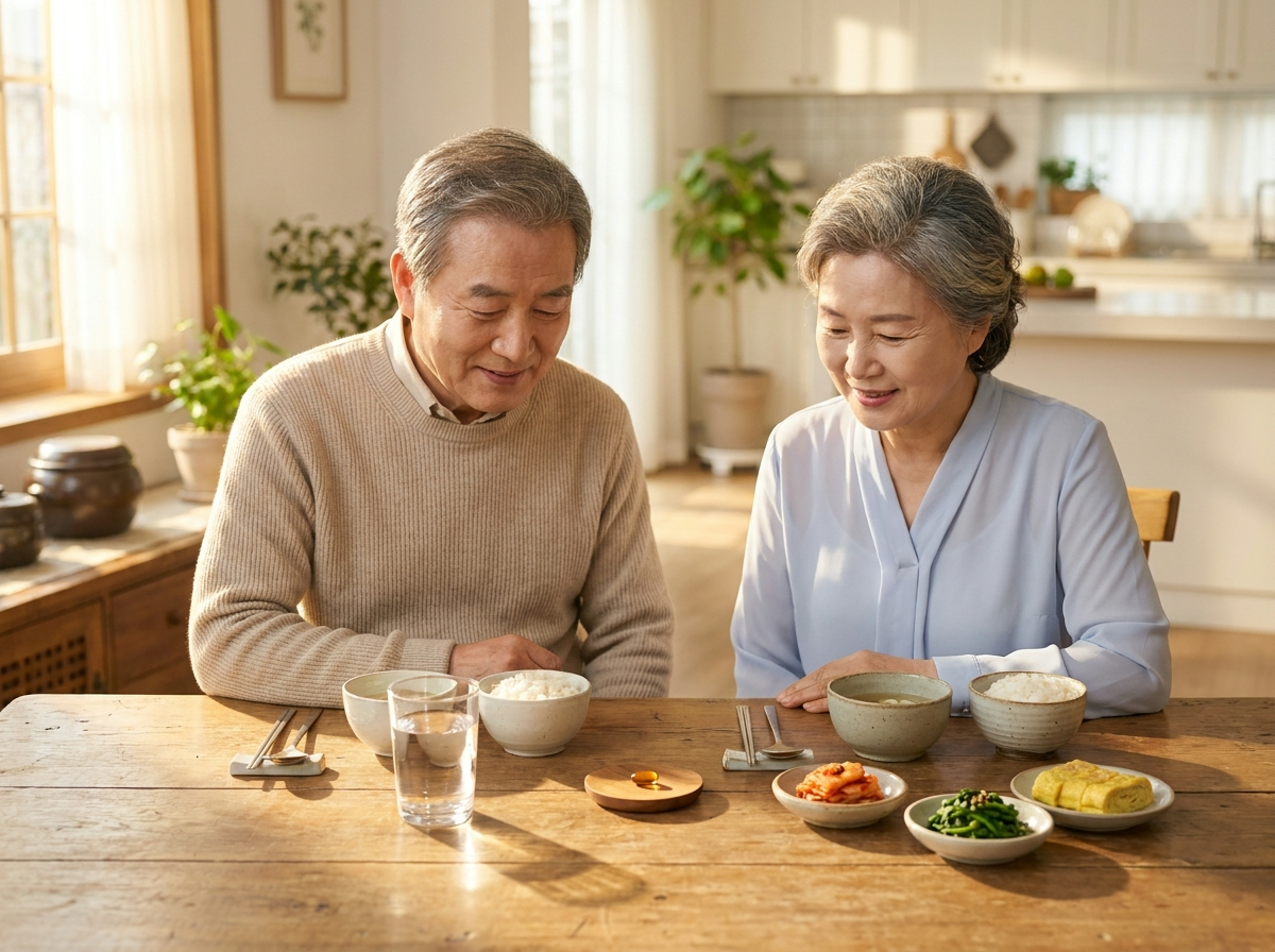 아침 식탁에서 영양제 한 알과 물컵을 앞에 두고 앉은 한국인 노년 부부