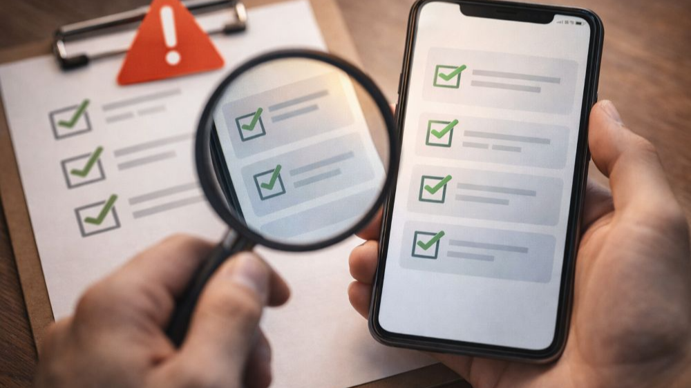 손에 든 스마트폰 화면 위 체크박스 항목을 돋보기로 확대해 확인하는 장면으로, 클릭 전 반드시 확인해야 한다는 메시지를 시각적으로 전달하는 이미지