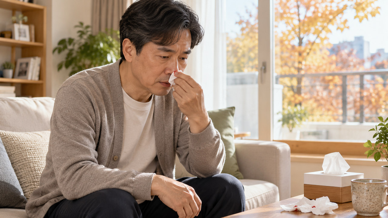 거실에 앉아 휴지로 코피를 닦고 있는 중년 남성