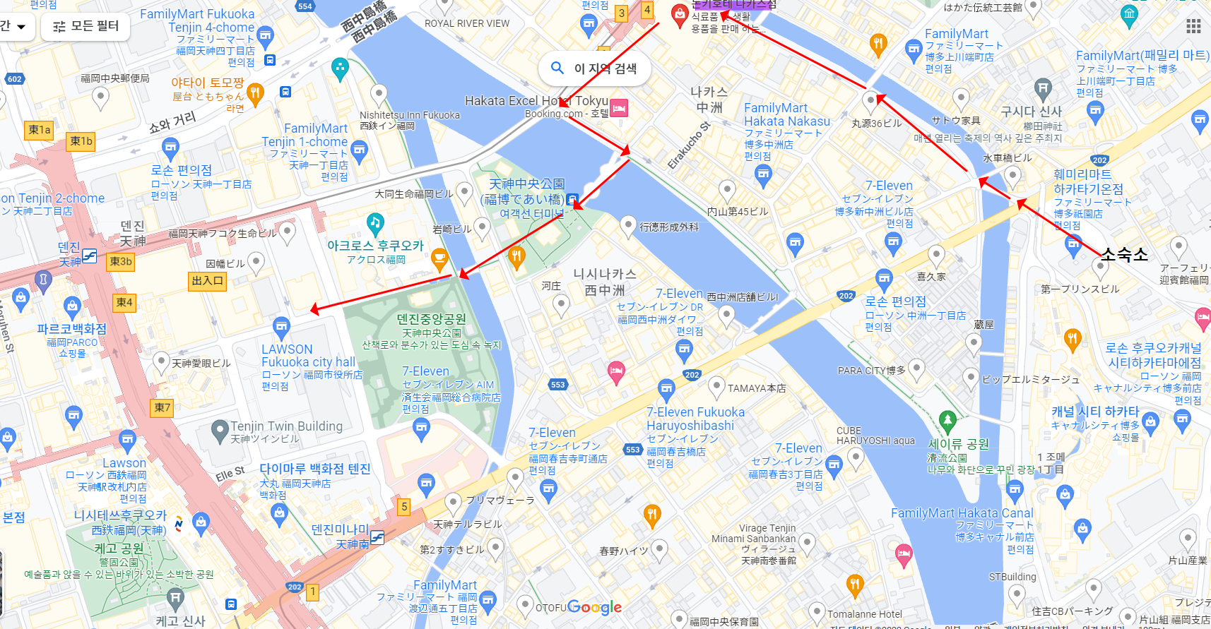 숙소에서 로손 후쿠오카 시티홀로 가는길