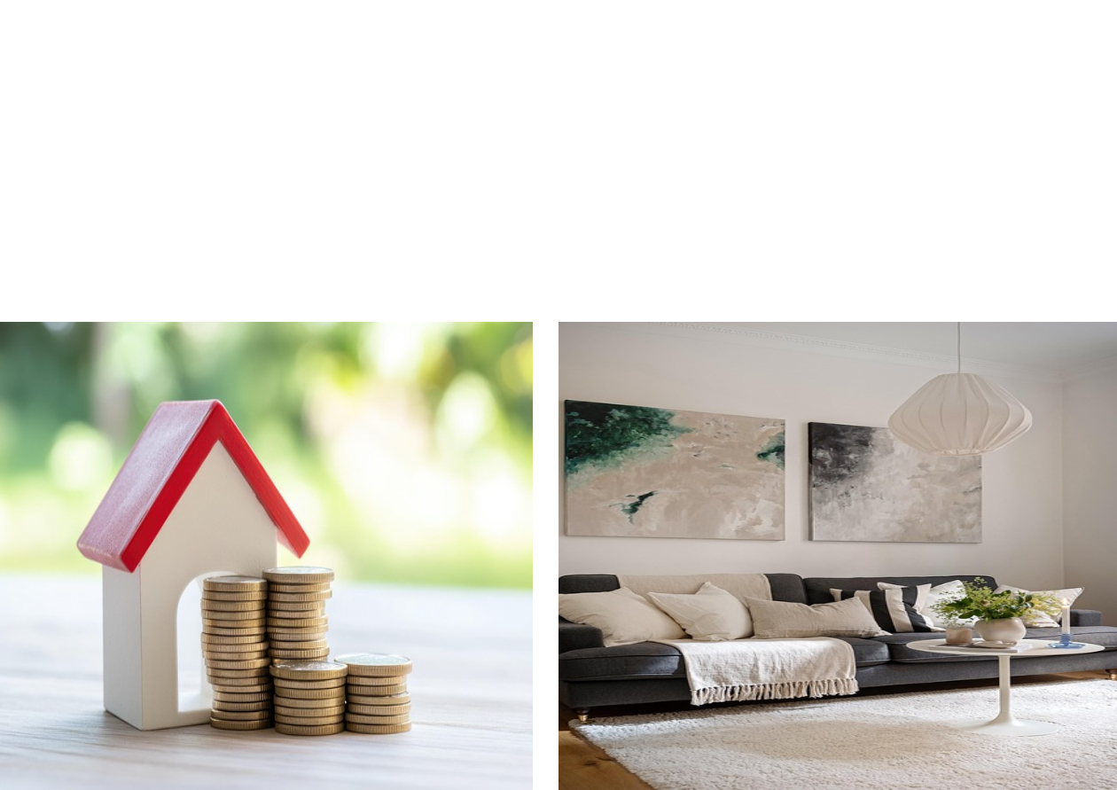 모형집에 동전이 쌓인 사진과 오른쪽에는 집 내부 인테리어 모습