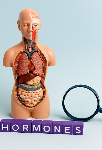 인체 모형이 화면 왼쪽에 서 있고, 오른쪽에는 &ldquo;HORMONES&rdquo;라는 단어가 보라색 큐브로 배열되어 있으며, 확대경이 큐브 옆에 놓여 있는 사진