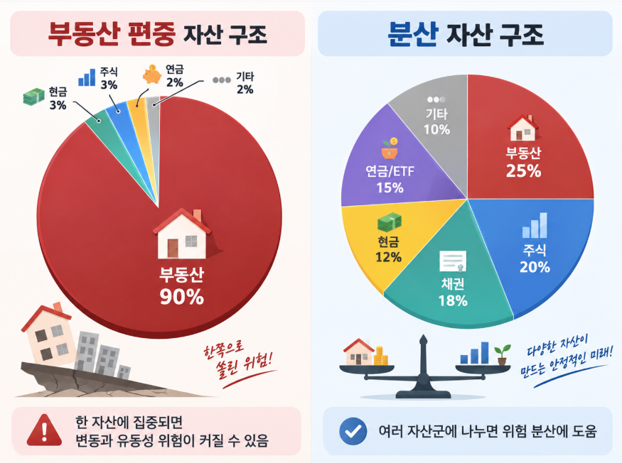 부동산에 편중된 자산 구조와 여러 자산군으로 분산된 구조를 대비하는 원형 그래프 일러스트