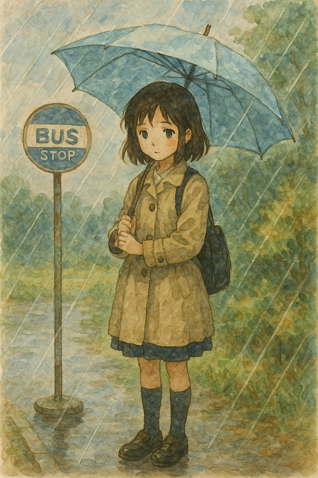 비 오는 날 버스정류장에 서 있는 소녀를 지브리 감성의 수채화 스타일로 표현해줘