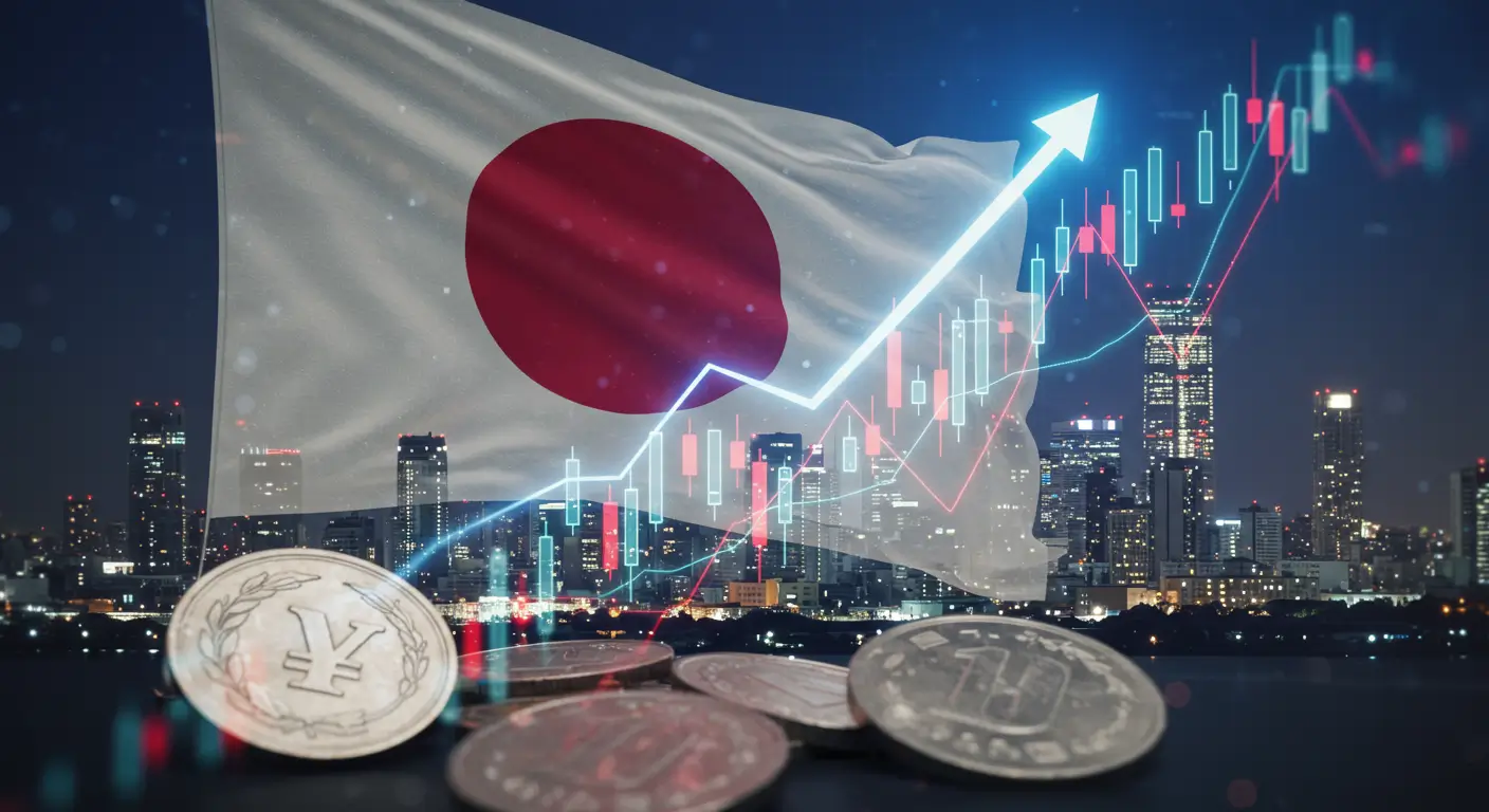 일본 경제 성장을 상징하는 우상향 주가 그래프와 엔화, 그리고 도쿄 스카이라인 배경의 일본 국기