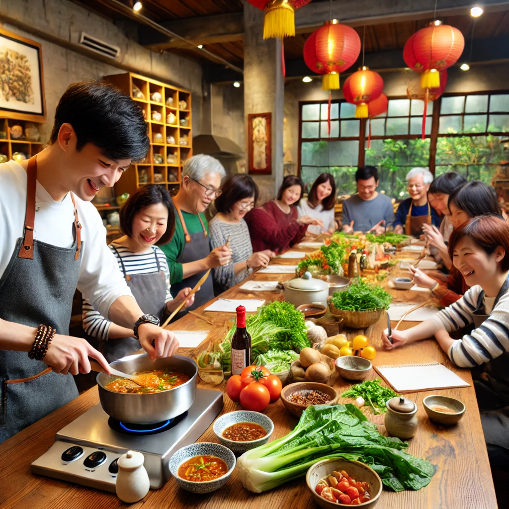 요리 클래스에서 현지인과 함께 요리를 배우는 모습
