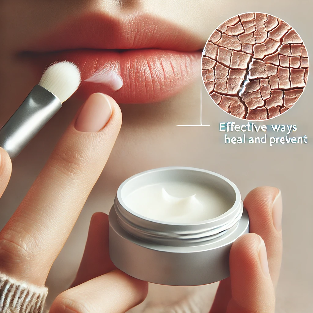 구순염 치료 방법을 다룬 썸네일 이미지로, 건조하고 갈라진 입술에 보습제를 바르는 장면을 강조한 이미지. 부드러운 배경과 함께 입술 치료 과정이 시각적으로 표현되며, 'Cheilitis Treatment Guide: Effective Ways to Heal and Prevent'라는 문구가 삽입된 이미지."