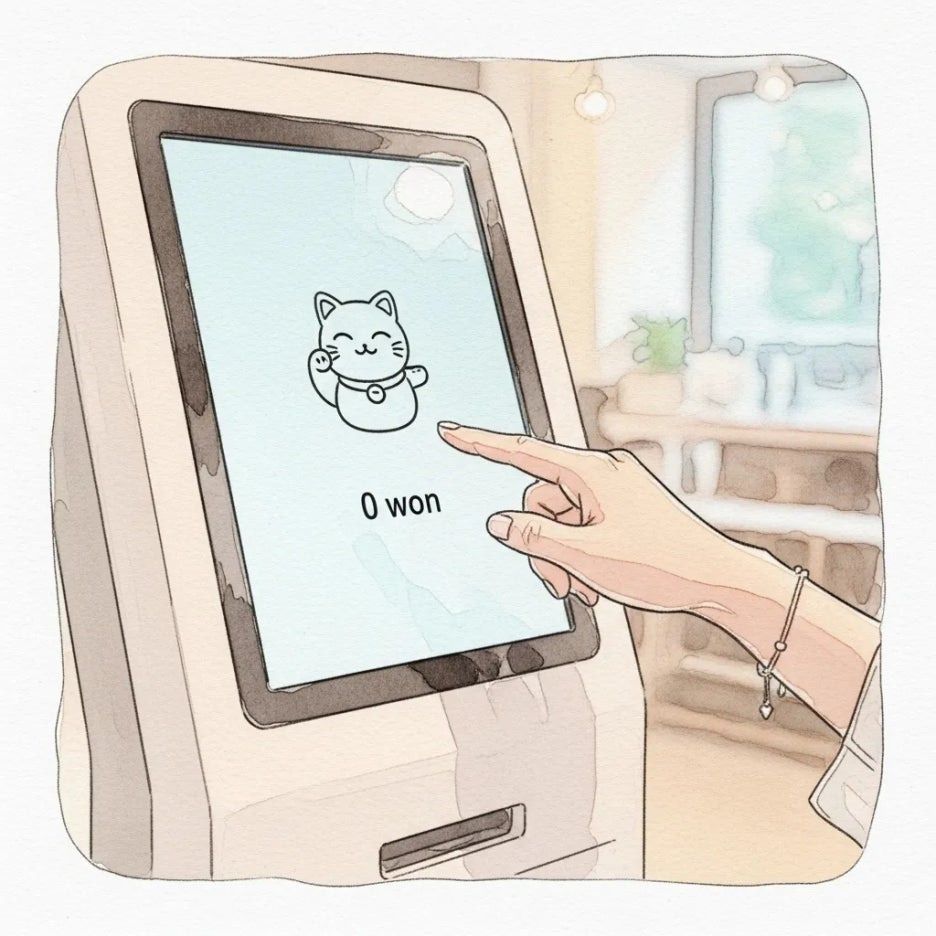 카페 키오스크에서 행운냥 아이콘을 누르는 손