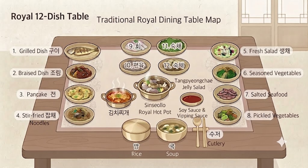 "An illustration of a traditional Korean royal table setting, the 12-chup bansang. Rice, soup, and utensils are placed as basics on a table mat, with a sinseolo, kimchi stew, and tangpyeongchae in the center. Around them, the locations of 12 main side dishes—such as grilled dishes, braised dishes,jeon, japchae, raw vegetable salads, seasoned vegetable dishes, salted seafood, and pickled vegetables—are marked with numbers."